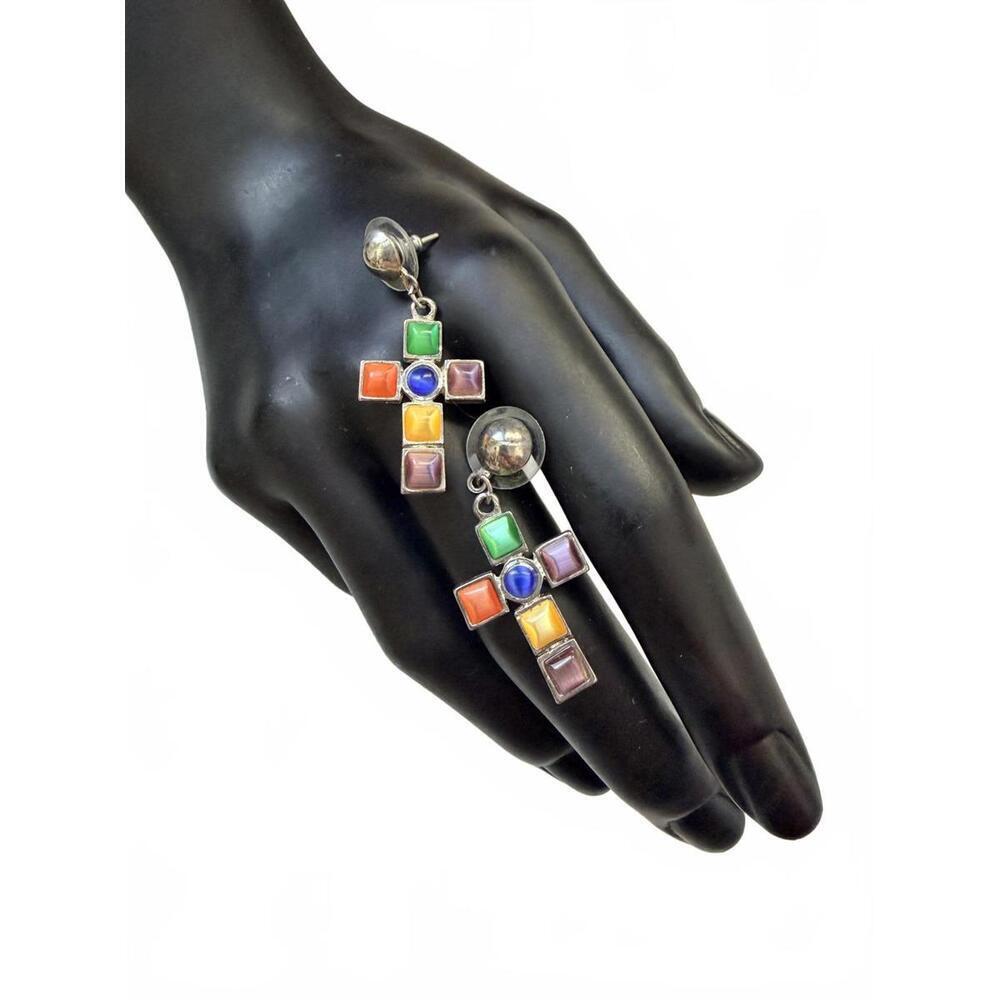 Vintage Multicolor Glass Cross Dangle Earrings | Silver Tone - Picture 2 of 5